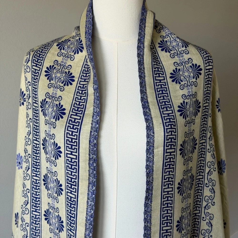 Reversible Mamta Sapphire Blue and Ivory Floral Shawl Scarf with Rhinestones .